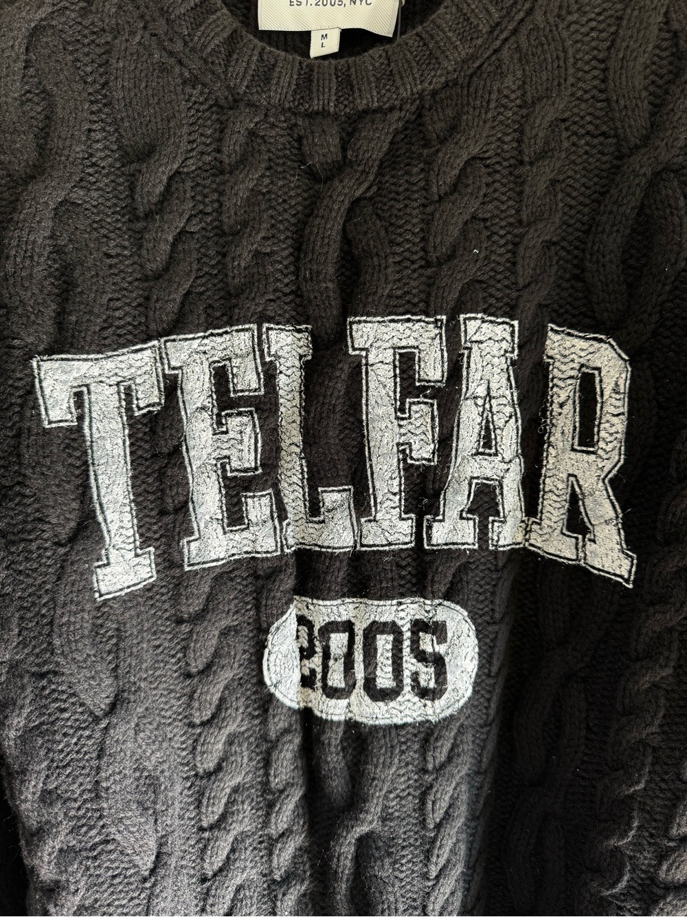 NWT TELFAR Black Cable Knit Thumbhole Varsity Logo Sweater Size M/L